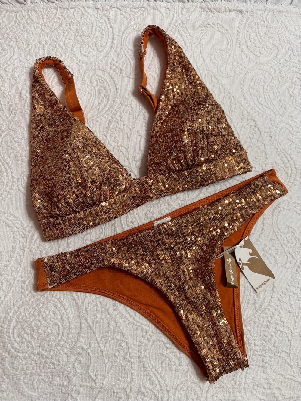 NWT! Sequin Two-Piece Bikini Set Size Medium — Thong Bikini Bottoms